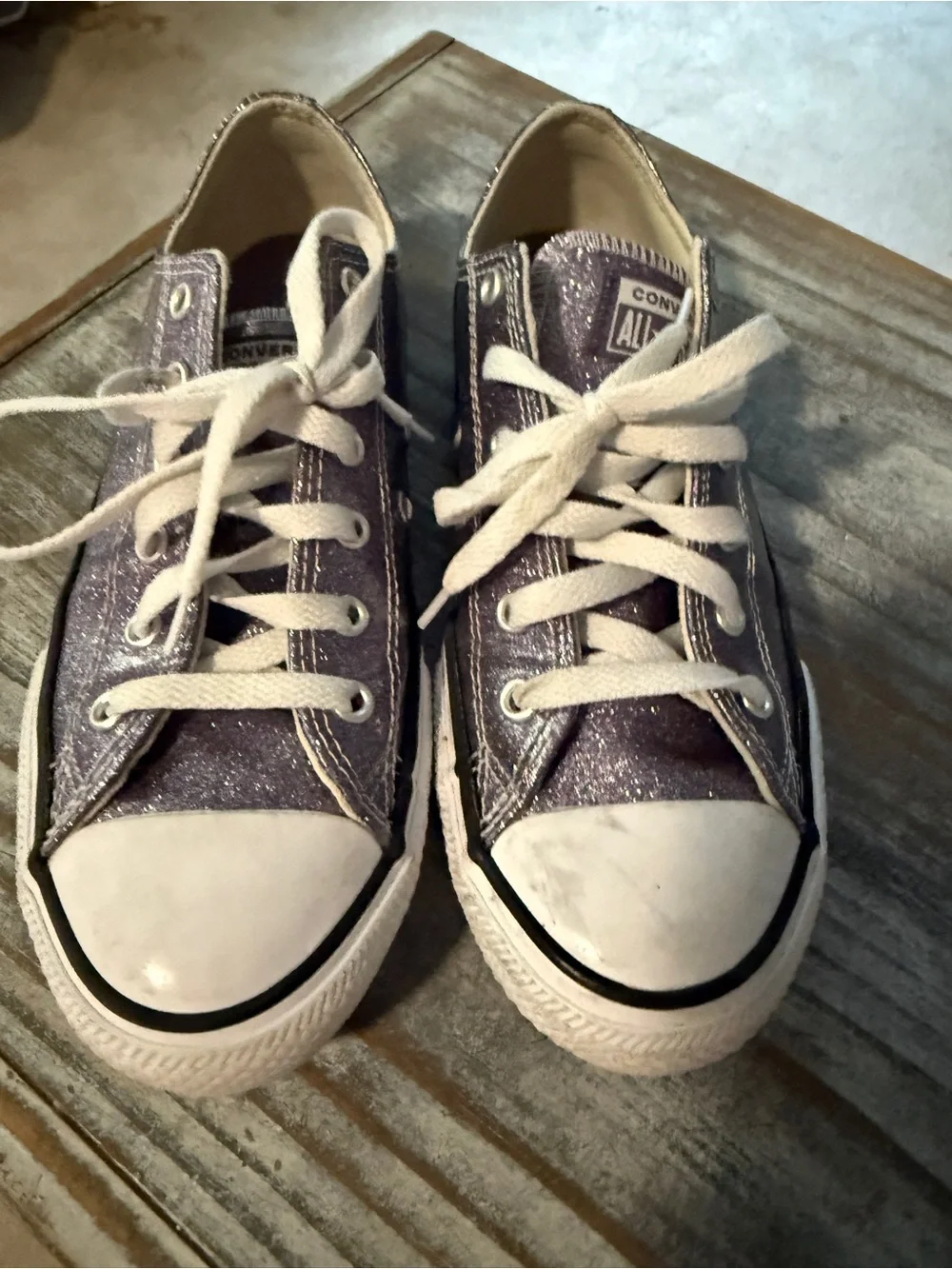 3 pairs of girls shoes…brown sandals, Glitter Purple Converse & patriotic clogs